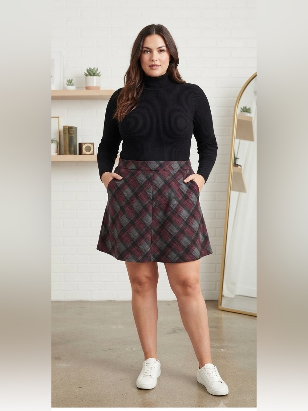 ⁠Mario Serrani Italy Burgundy Gray Plaid A-Line Mini Skirt